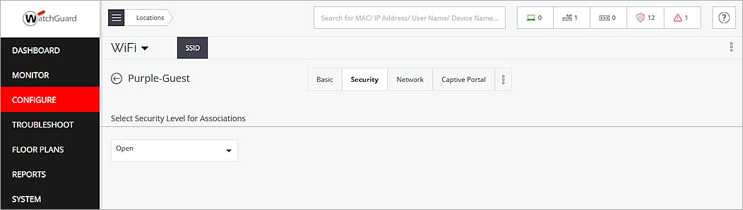 Screenshot of the SSID configuration page - Security settings